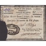 Siege of Zara, 1 Franc, 1813, serial number 13783, two manuscript signatures, piece torn...