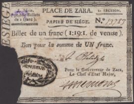 Siege of Zara, 1 Franc, 1813, serial number 13783, two manuscript signatures, piece torn...