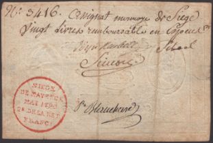 Siege of Mayence, 20 Livres, first issue, 1793, serial number 3416, hand-written on the...