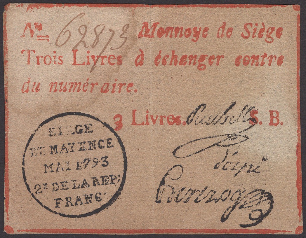 Siege of Mayence, 3 Livres, second issue, May 1793, serial number 62873, three printed...