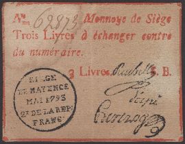 Siege of Mayence, 3 Livres, second issue, May 1793, serial number 62873, three printed...