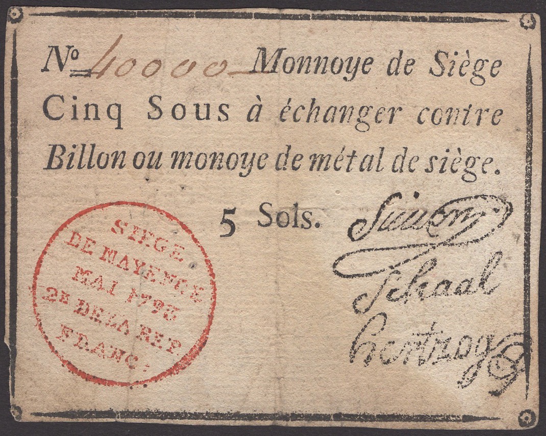 Siege of Mayence, 5 Sous, second issue, May 1793, serial number 40000, three printed...