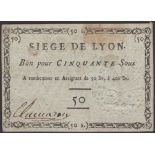 Siege of Lyon, 50 Sous, ND (1793), manuscript signature at left, minor mounting traces and...