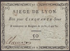 Siege of Lyon, 50 Sous, ND (1793), manuscript signature at left, minor mounting traces and...