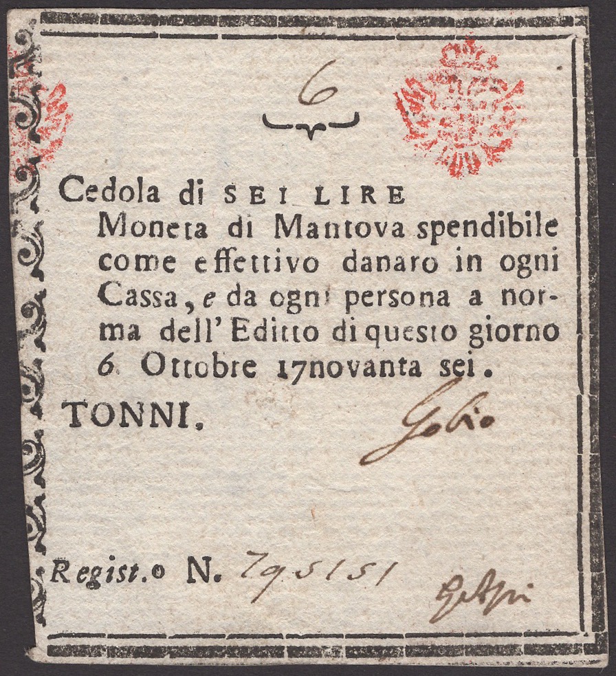 Siege of Mantova, 6 Lire, 6 October 1796, serial number 795151, two manuscript signatures,...