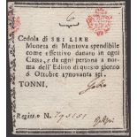 Siege of Mantova, 6 Lire, 6 October 1796, serial number 795151, two manuscript signatures,...