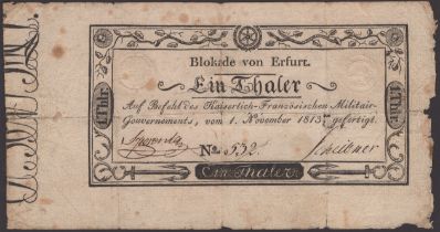 Siege of Erfurt, 1 Thaler, 1 November 1813, serial number 532, with two impressed stamps,...