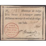 Siege of Mayence, 10 Sous, second issue, May 1793, serial number 2344, three manuscript...