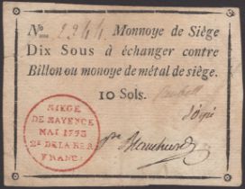 Siege of Mayence, 10 Sous, second issue, May 1793, serial number 2344, three manuscript...