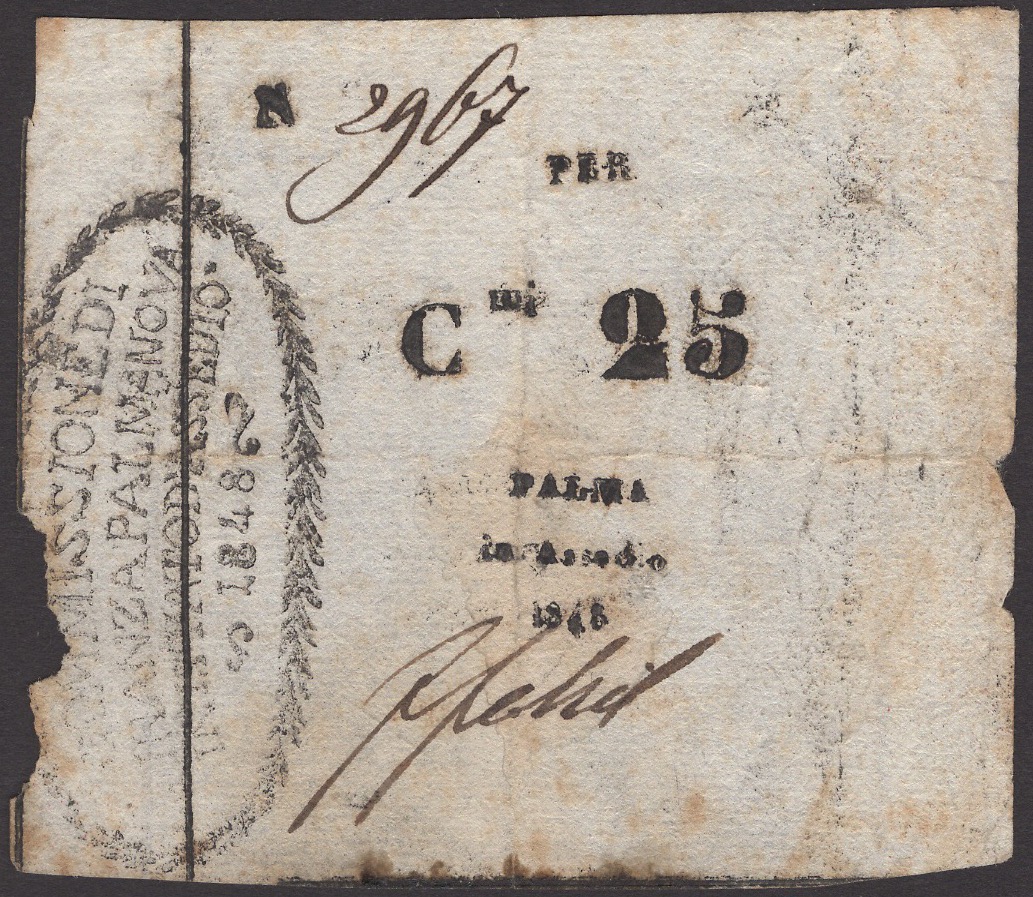 Siege of Palmanova, 25 Centesimi, 1848, serial number 2967, one manuscript signature,...