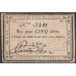 Siege of Lyon, 5 Livres, ND (1793), serial number 13481, manuscript signature at left, a...