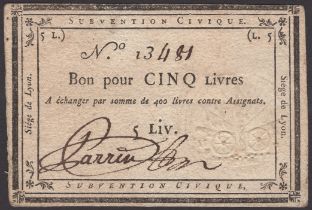 Siege of Lyon, 5 Livres, ND (1793), serial number 13481, manuscript signature at left, a...