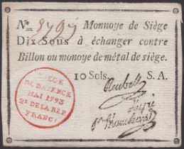 Siege of Mayence, 10 Sous, second issue, May 1793, serial number 8797, three printed...