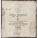 Siege of Palmanova, 1 Lira, hand-written value, 1848, serial number 573, four manuscript...