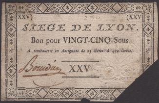 Siege of Lyon, 25 Sous, ND (1793), manuscript signature at left, low right corner cut off,...