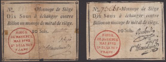 Siege of Mayence, 10 Sous (2), second issue, May 1793, serial numbers 2115 and 73638, first...