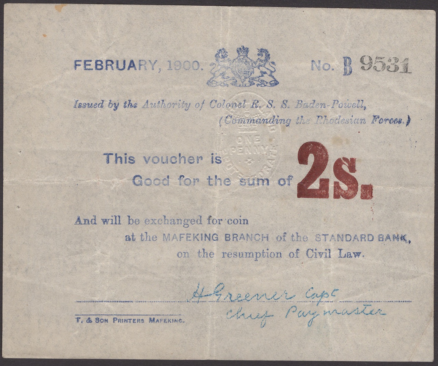 Siege of Mafeking, 2 Shillings, February 1900, serial number B9531, Civil with both dots...