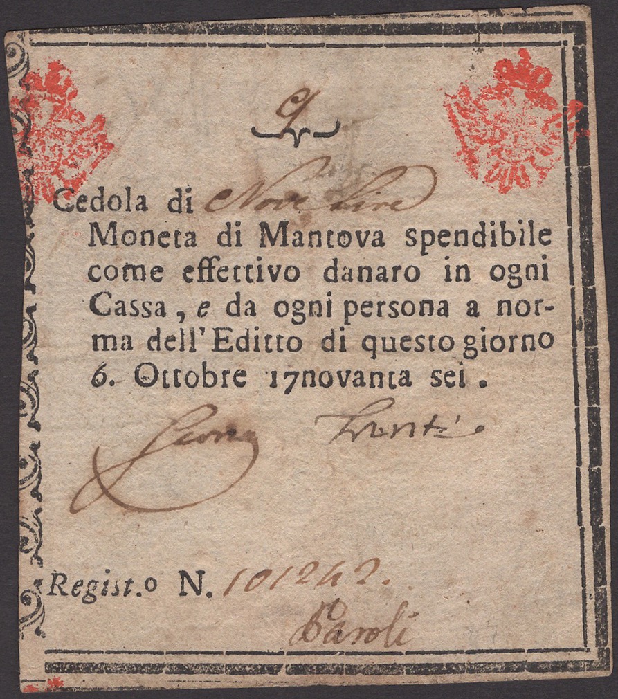 Siege of Mantova, 9 Lire, 6 October 1796, serial number 101242, two manuscript signatures,...