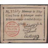 Siege of Mayence, 5 Sous, second issue, May 1793, serial number 33487, three printed...