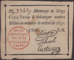 Siege of Mayence, 5 Sous, second issue, May 1793, serial number 33487, three printed...