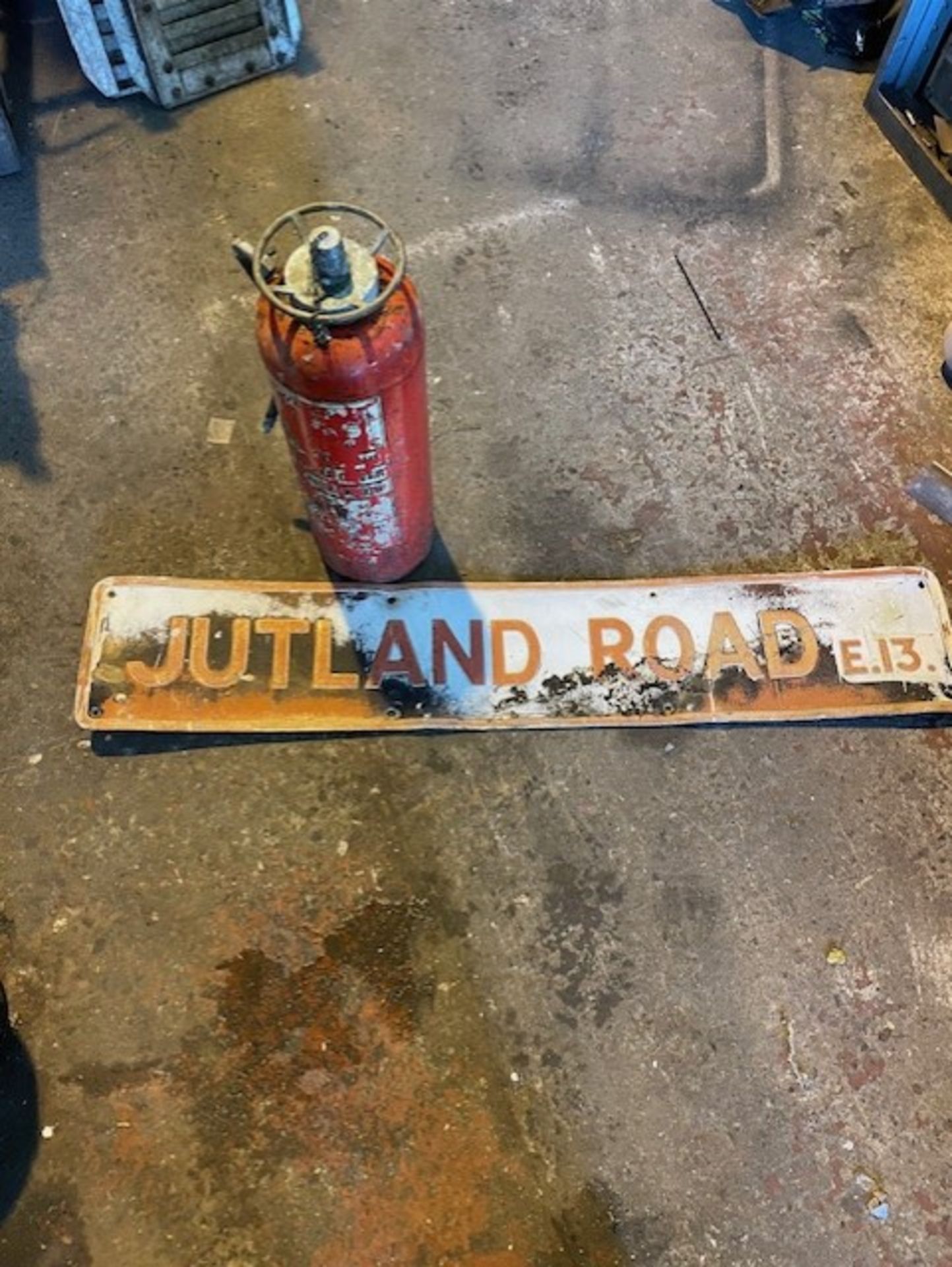 Vintage street sign Jutland road e13 And a vintage empty fire extinguisher will sell seperate also - Image 2 of 3