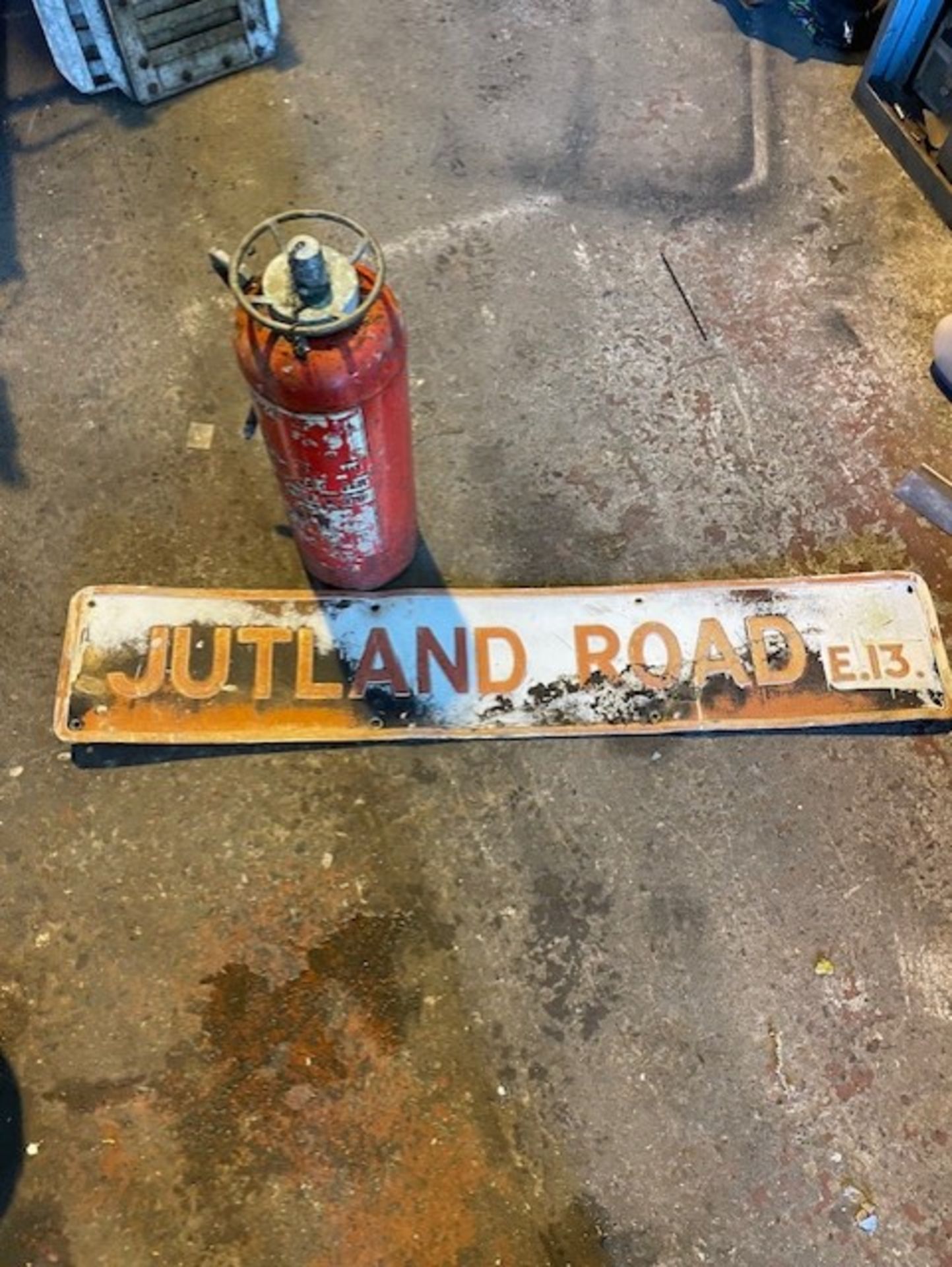 Vintage street sign Jutland road e13 And a vintage empty fire extinguisher will sell seperate also