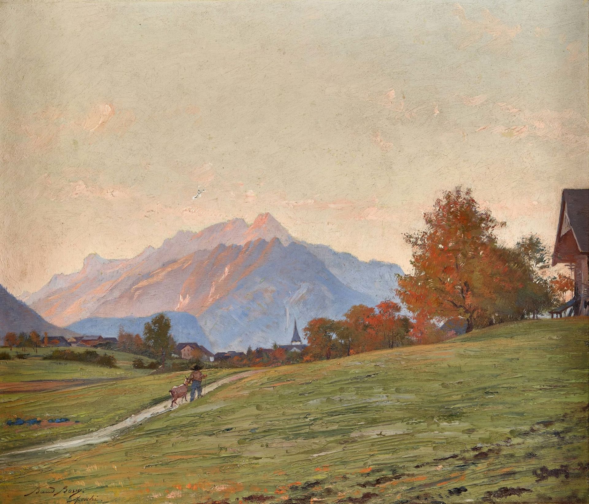 BAUD-BOVY, AUGUSTE: Abendliche Landschaft bei Aeschi mit Ziegenhirt auf dem Weg.