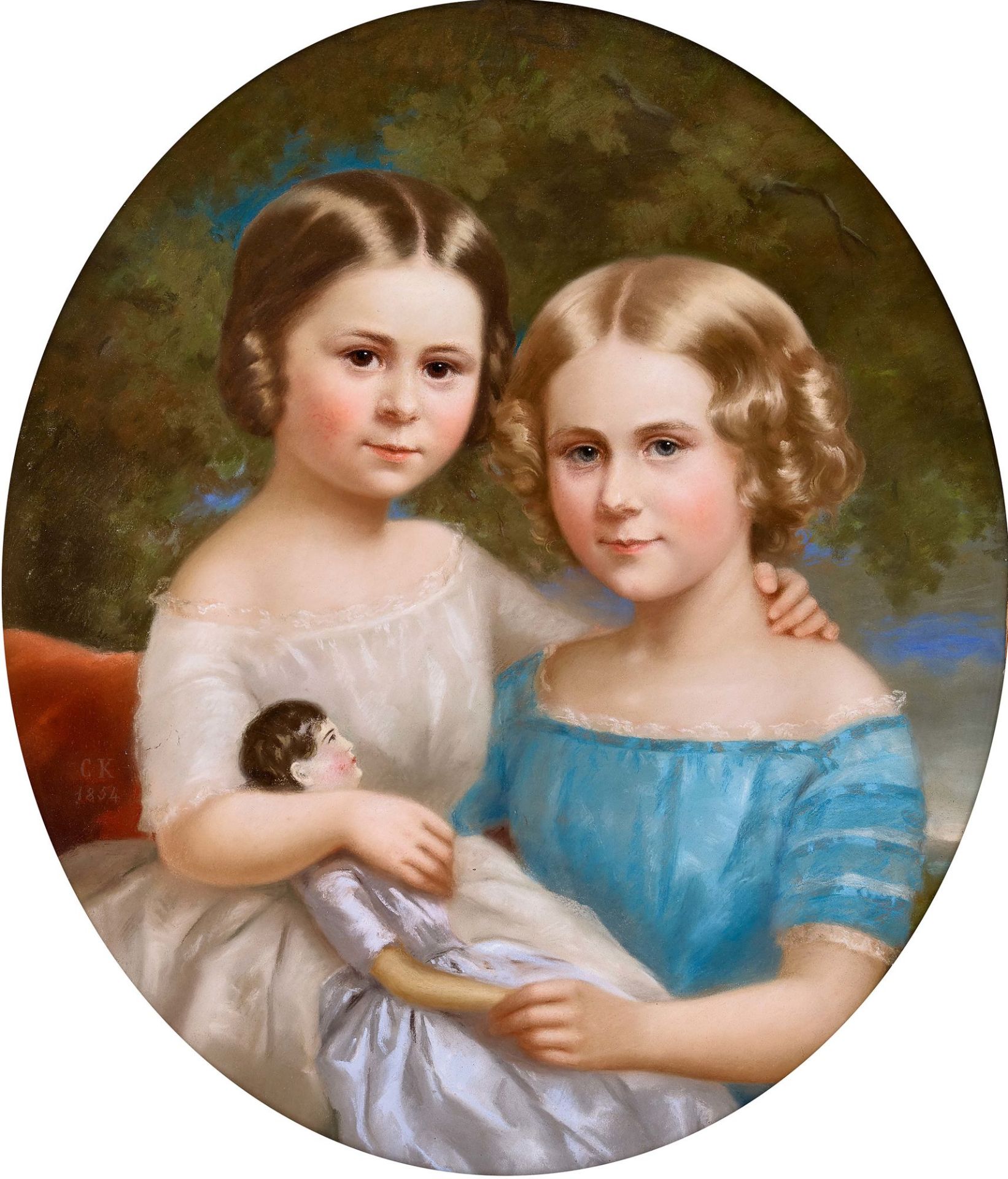FRANKREICH, 19. JH.: Bildnis eines Schwesternpaares mit Puppe.