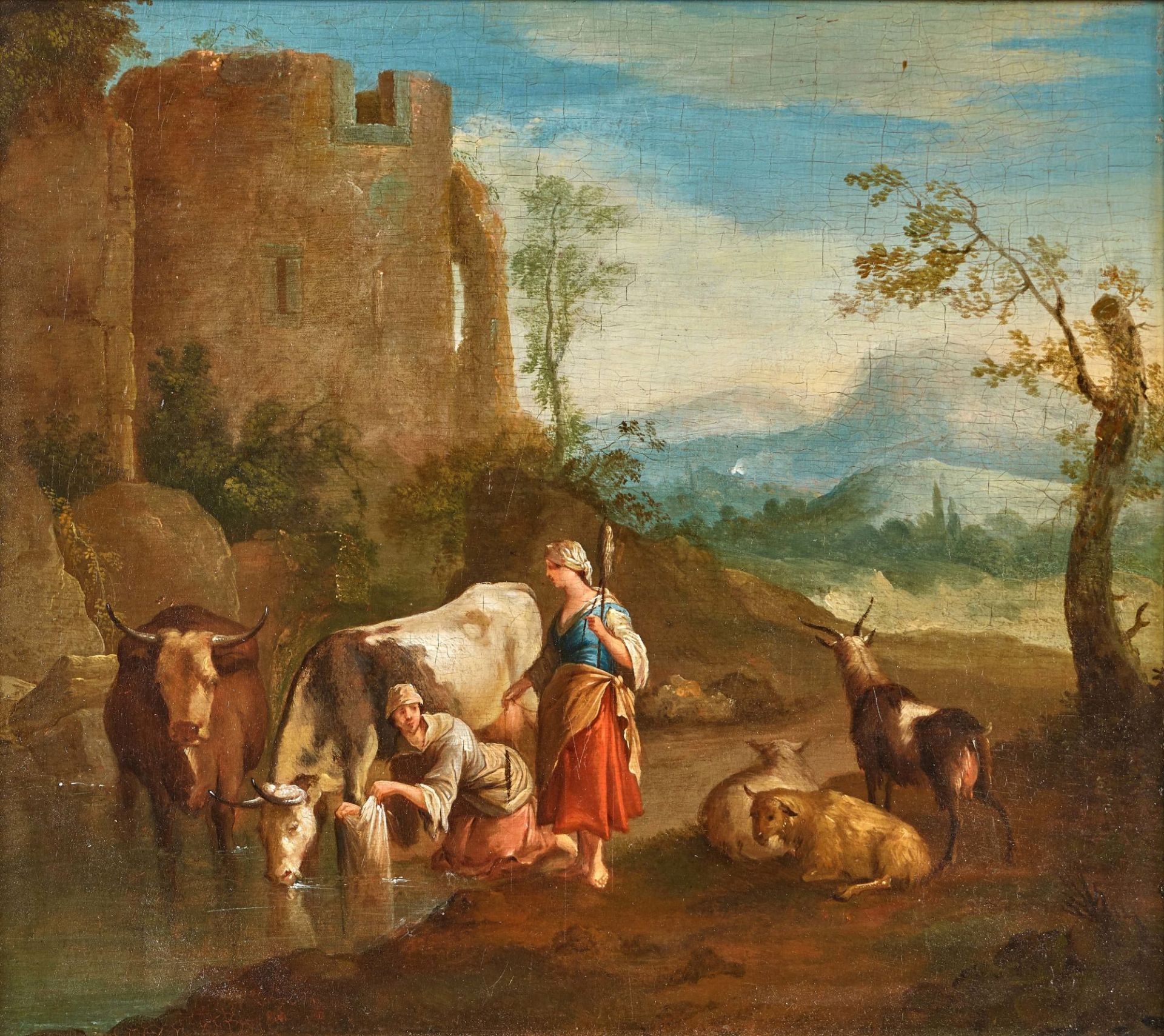 PIJNACKER, ADAM, In der Art - Manner of: Landschaft mit Hirtin und Wäscherin.