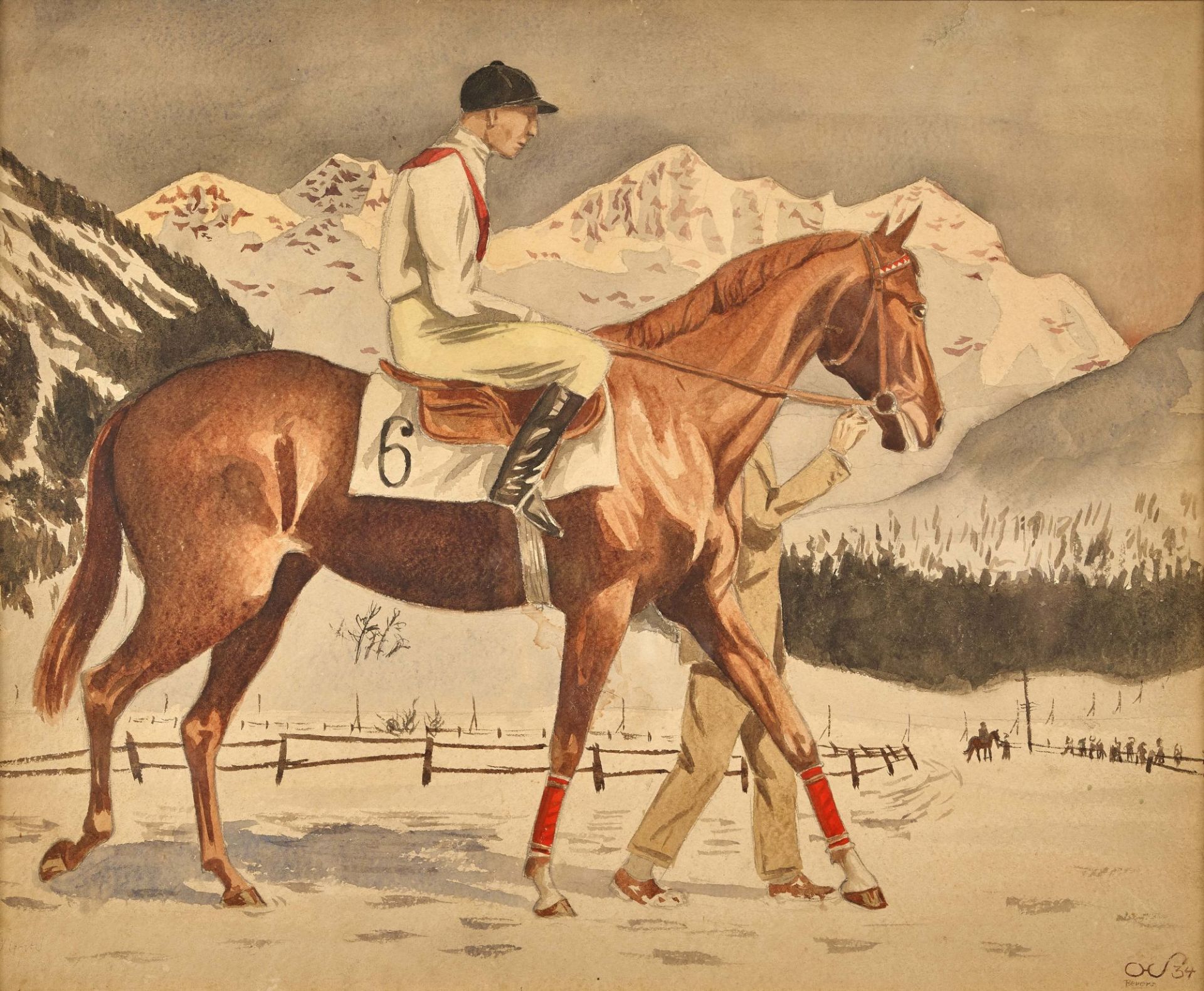 STROBL, KARL (AUCH CHARLY): Jockey auf Pferd im winterlichen Bevers.