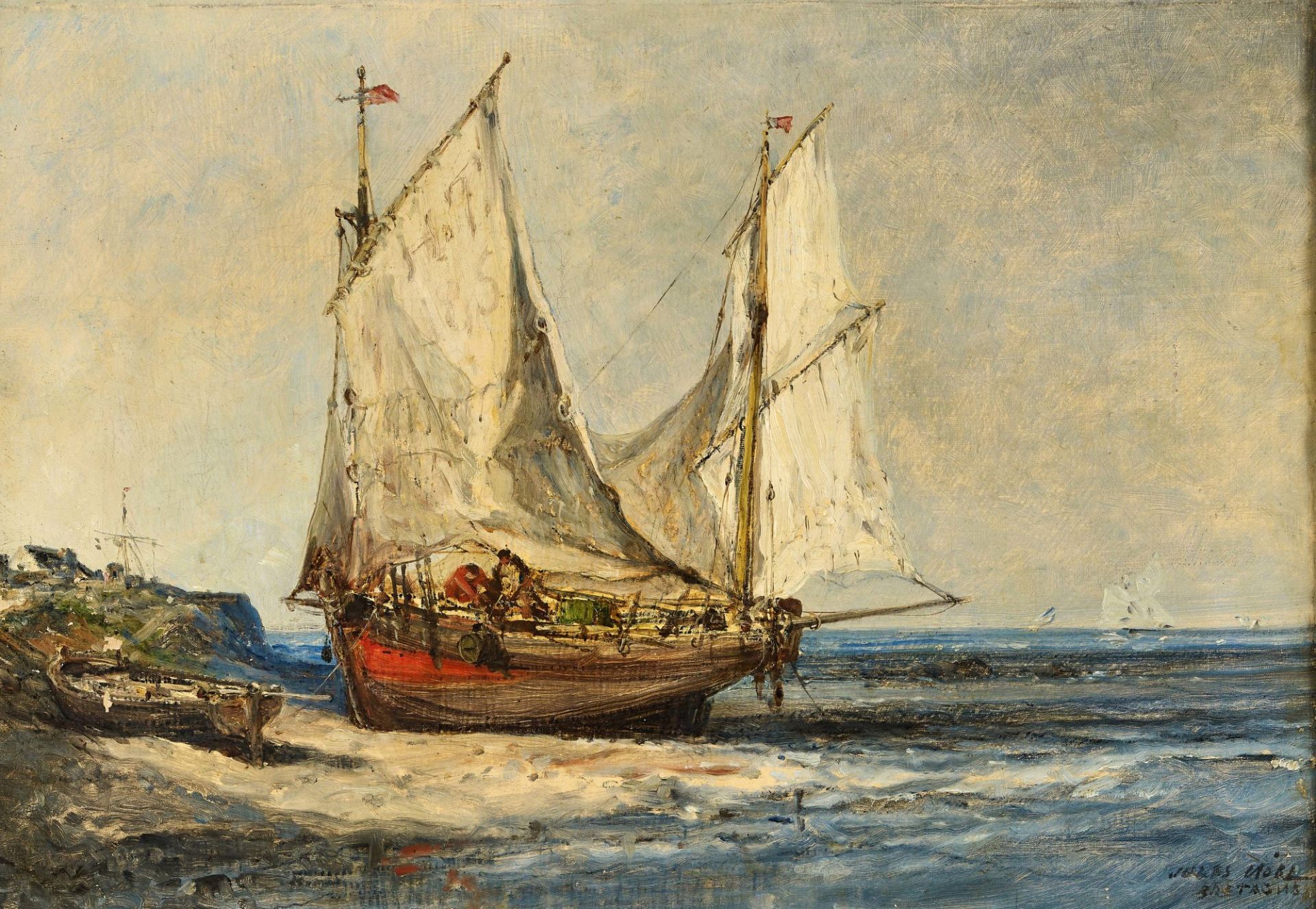 NOËL, JULES ACHILLE: Segelboot an bretonischem Strand.