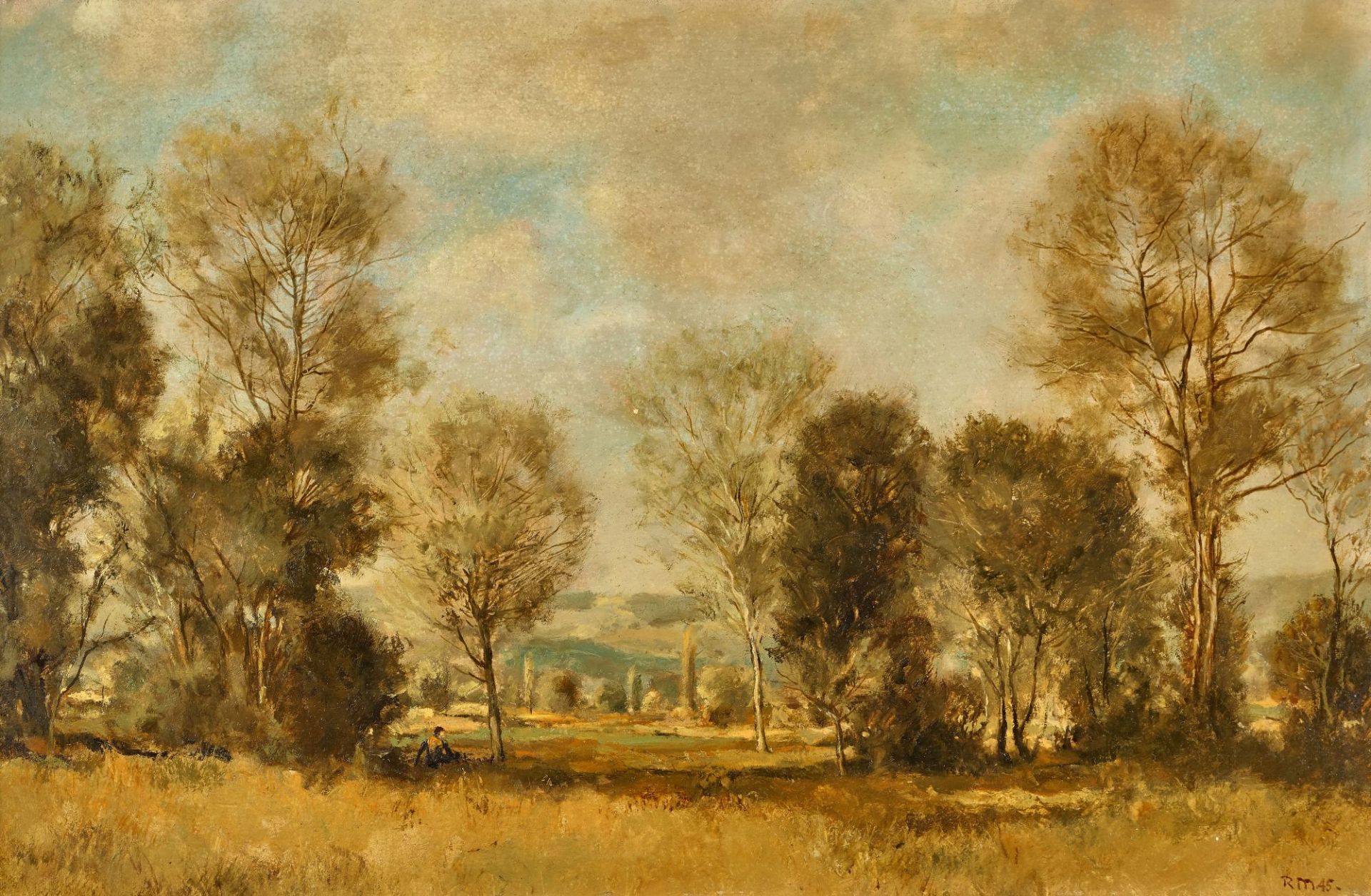 MÜLLER, RUDOLF: Landschaft mit Wiese und Bäumen.