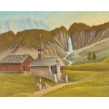 BACHMANN, HANS: Berglandschaft mit Kapelle und Wasserfall.