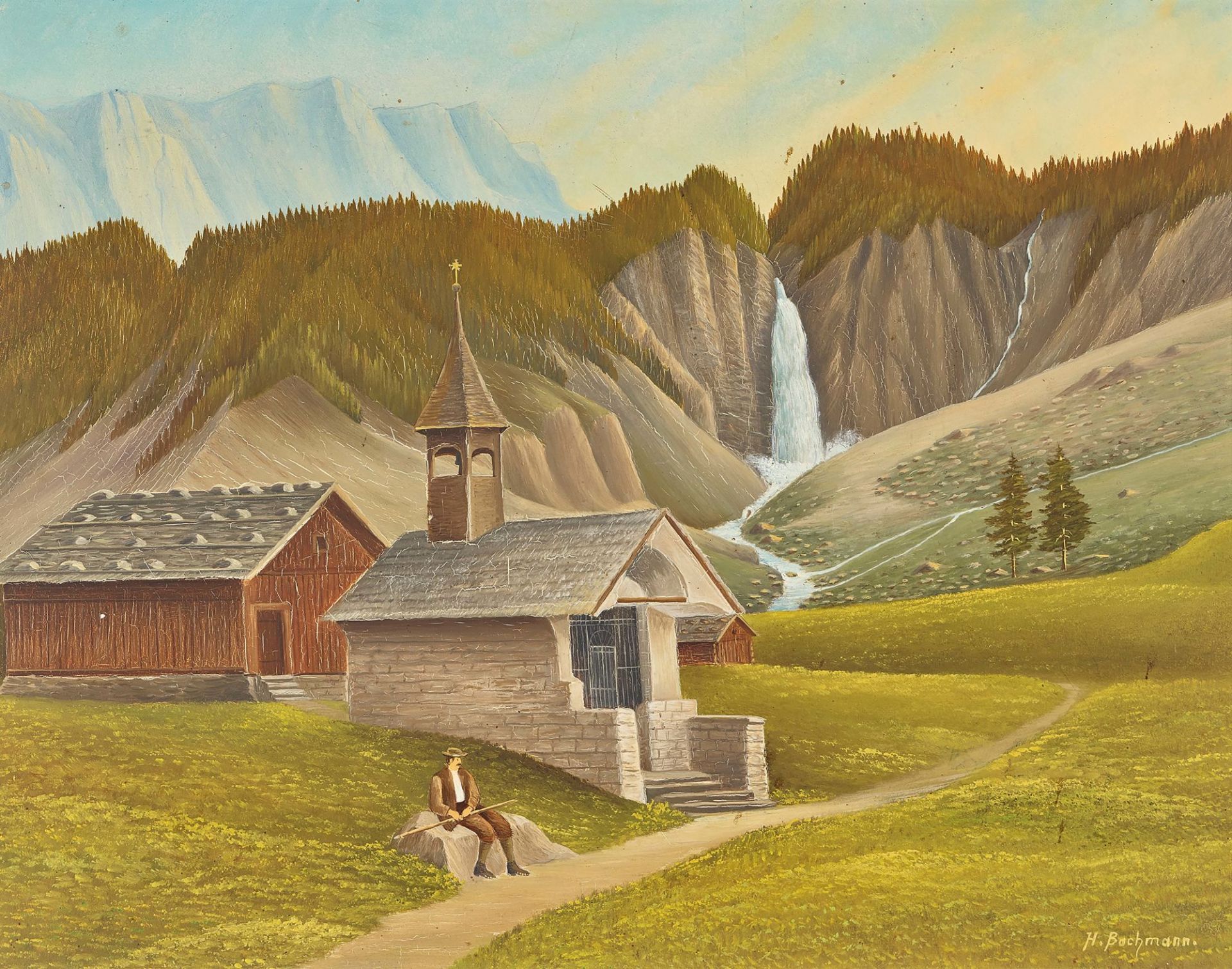 BACHMANN, HANS: Berglandschaft mit Kapelle und Wasserfall.