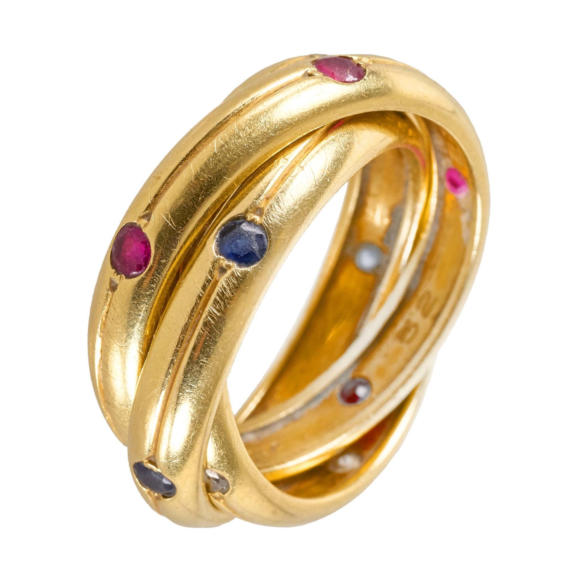 BRILLANT-RUBIN-SAPHIR-RING: Cartier, "Constellation Trinity", Paris.