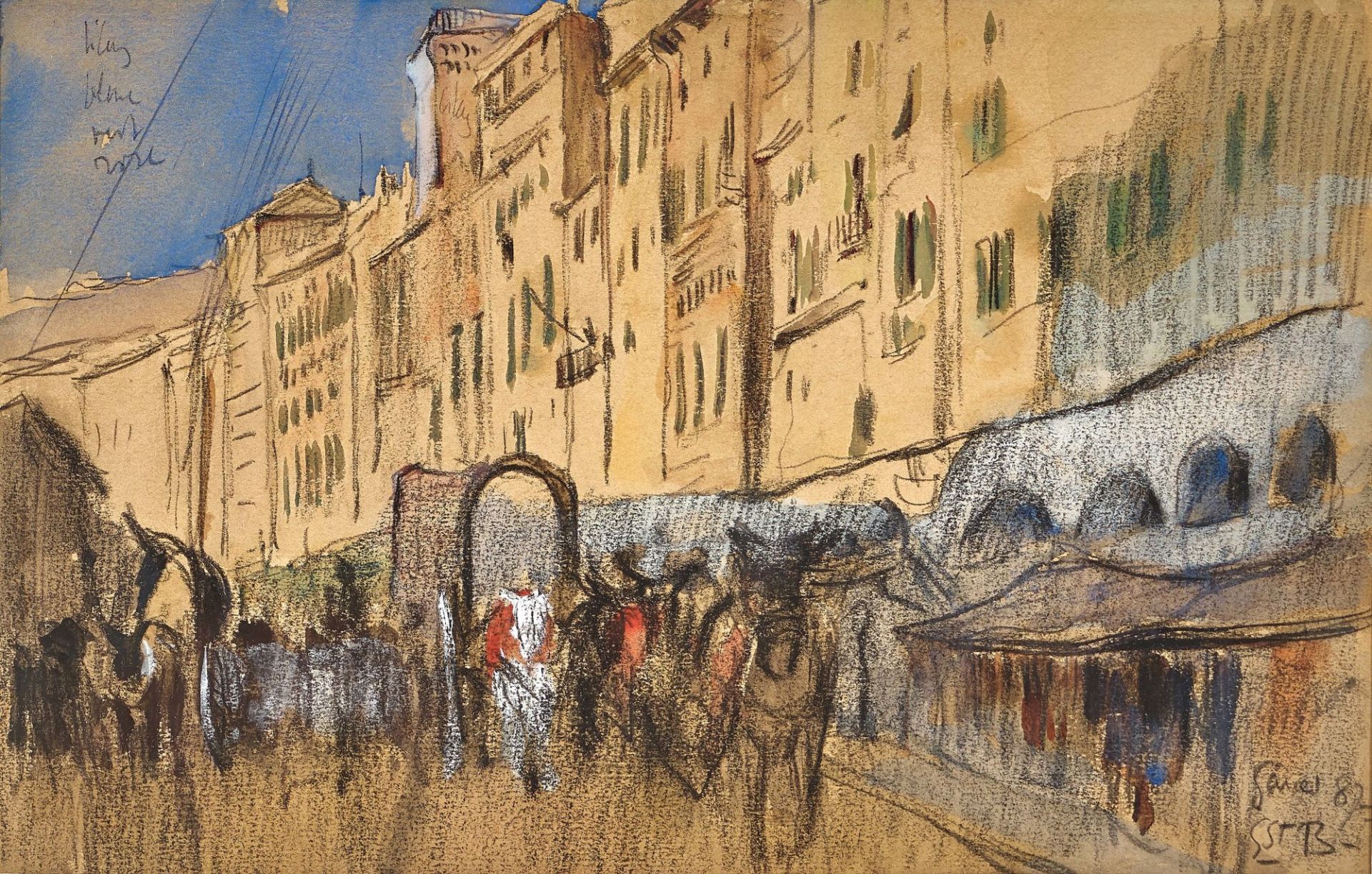 BIÉLER, ERNEST: Belebte Strasse in der Altstadt von Genua.