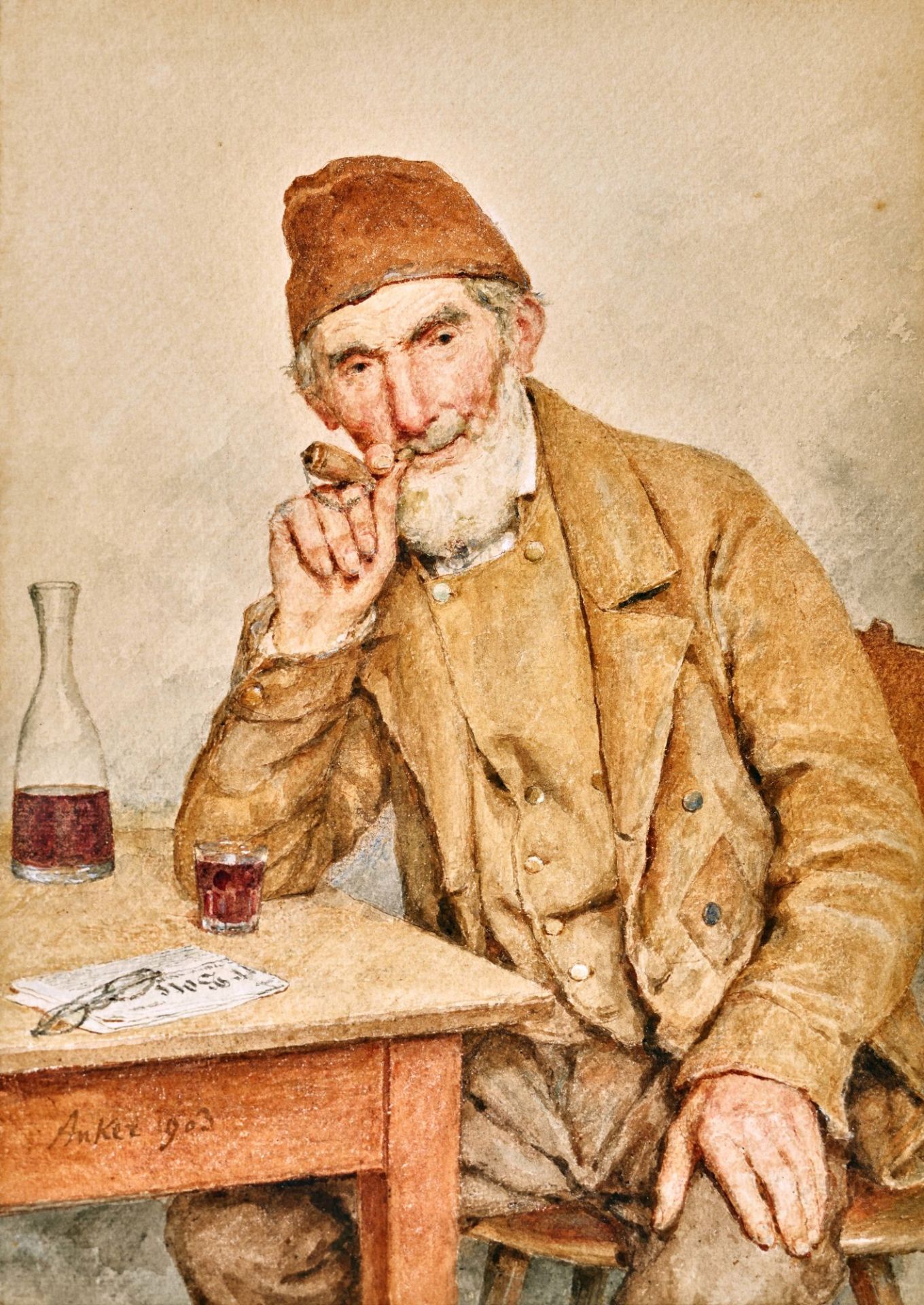 ANKER, ALBERT: Sitzender Mann mit Pfeife und Glas am Tisch.