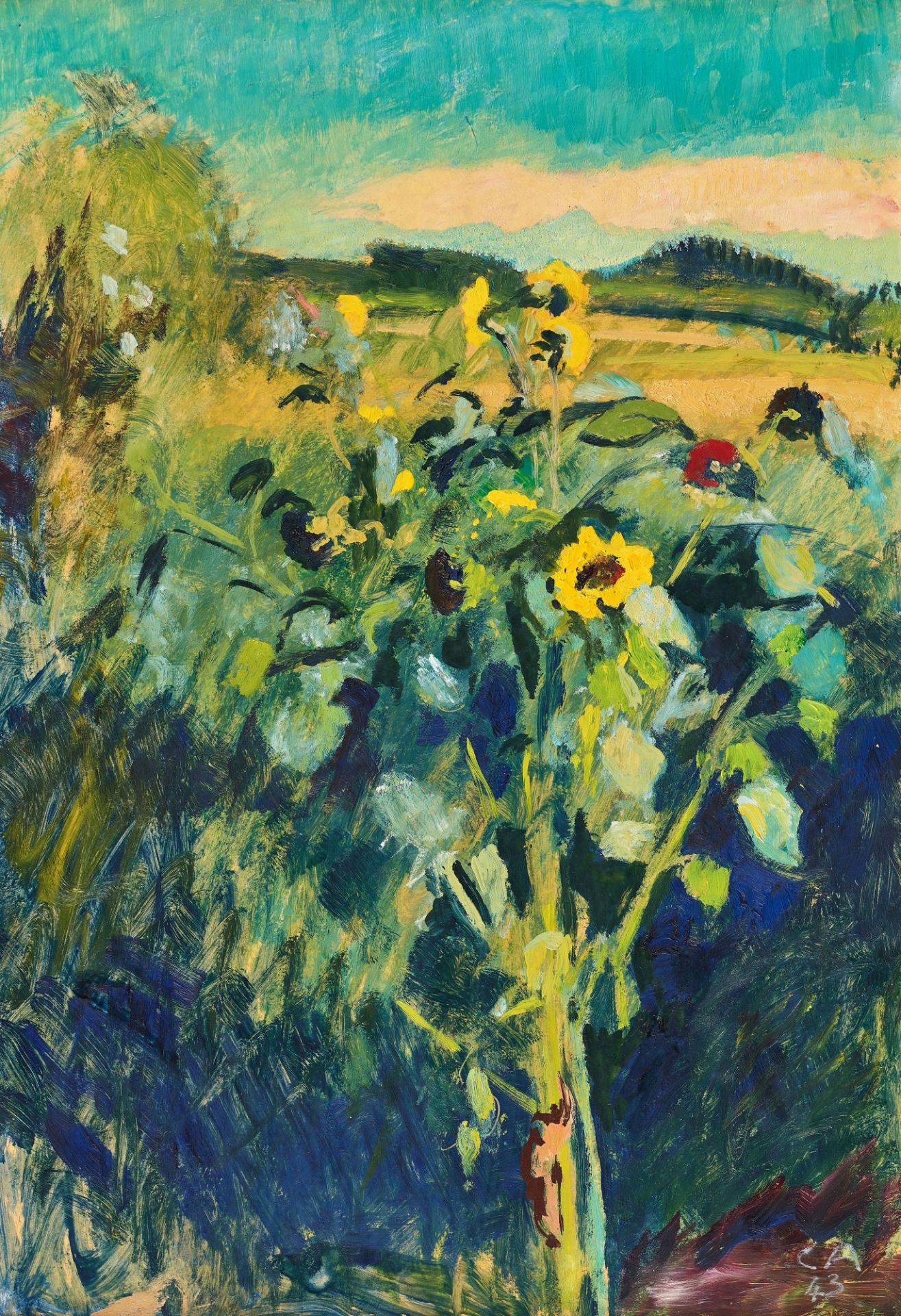 AMIET, CUNO: "Sonnenblumen in Landschaft".