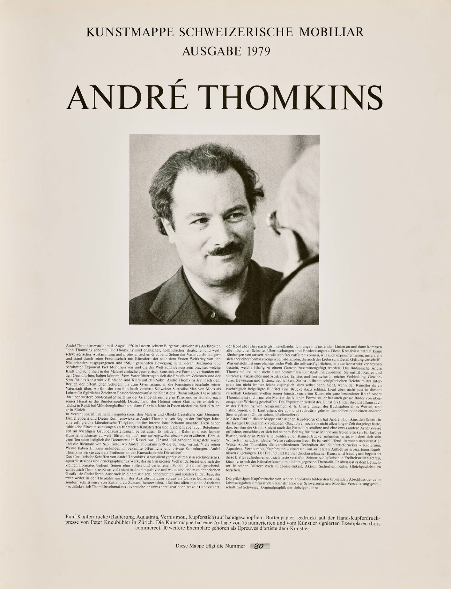 THOMKINS, ANDRÉ: "Kunstmappe Schweizerische Mobiliar Ausgabe 1979".