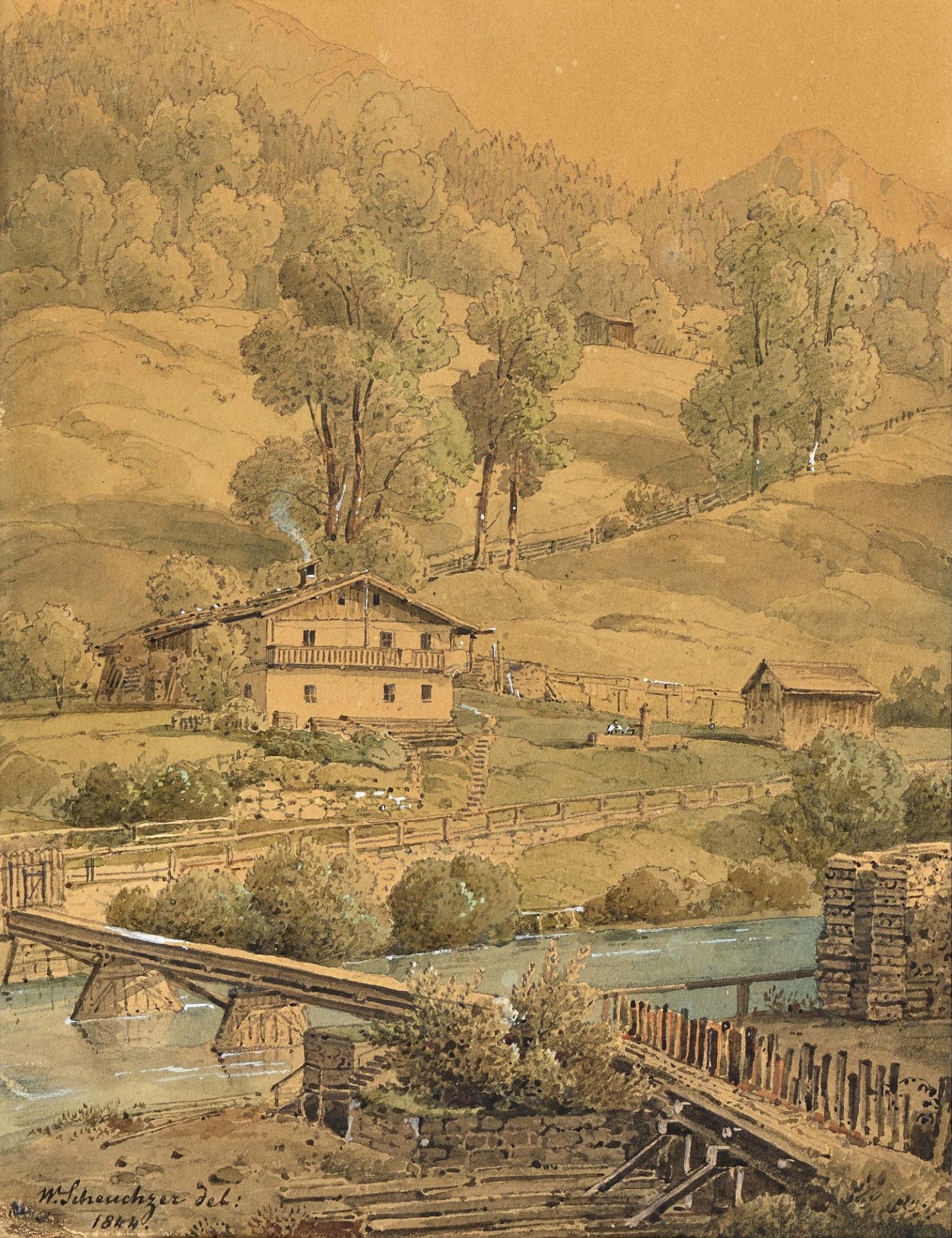 SCHEUCHZER, WILHELM RUDOLF: Bauernhaus am Fluss.