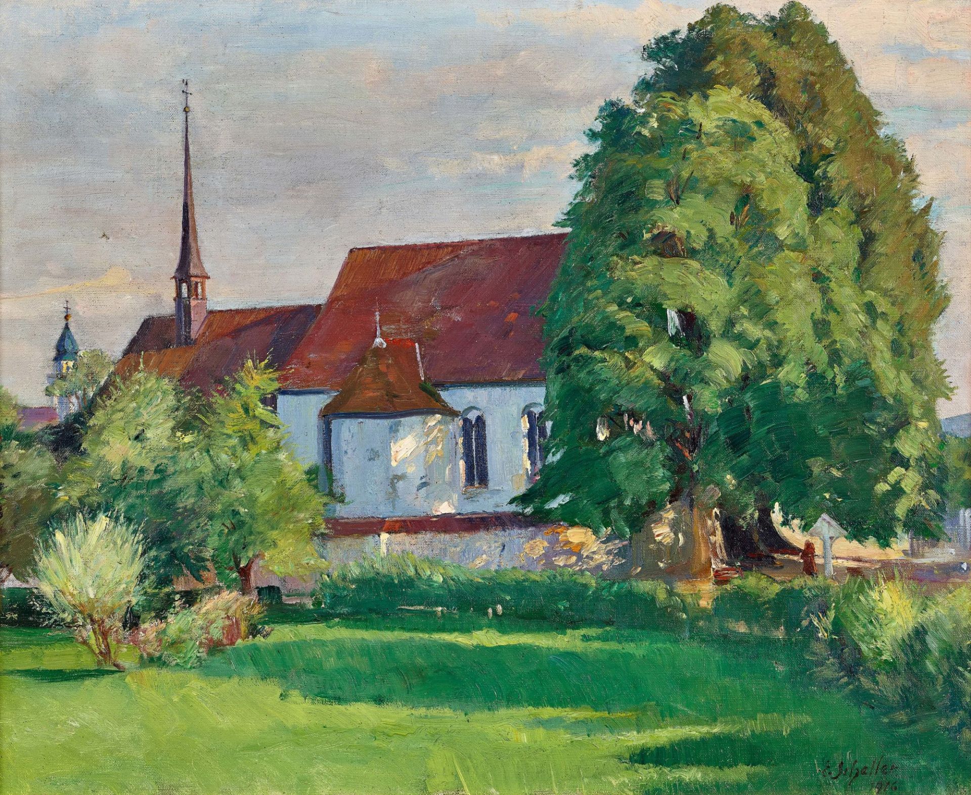 SCHELLER, EMIL: Sonnige Landschaft mit Kirche.