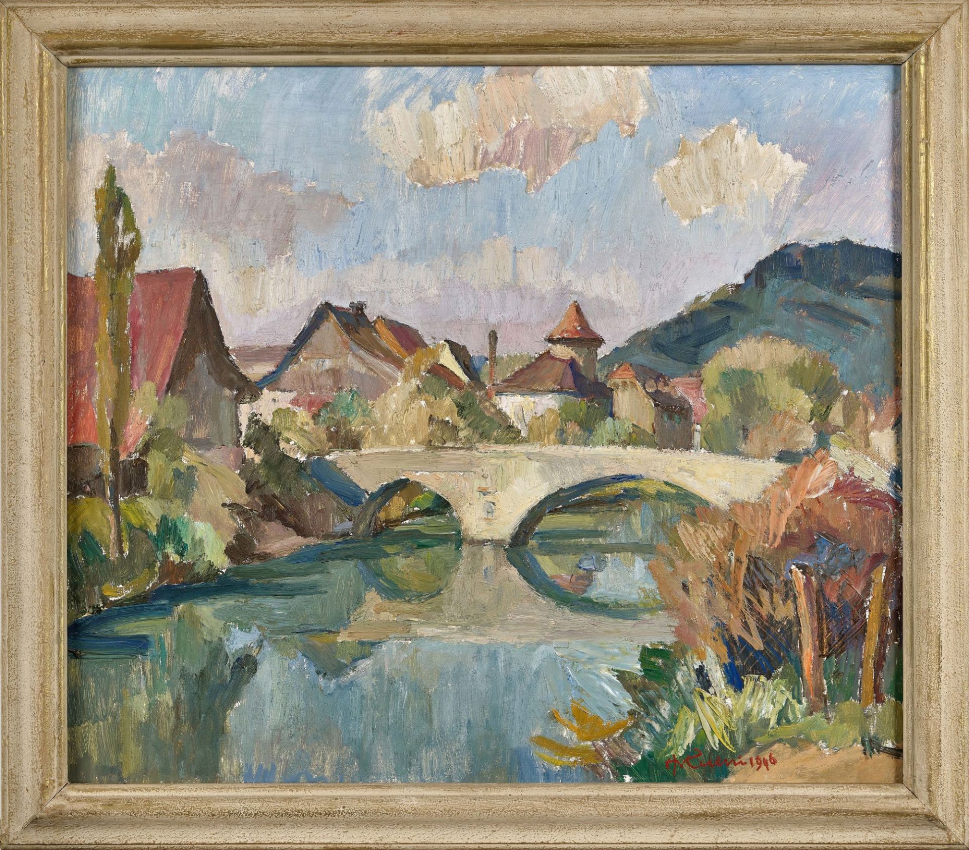 CUENI, AUGUST: Sommerliche Landschaft bei Laufen mit Brücke. - Image 2 of 2