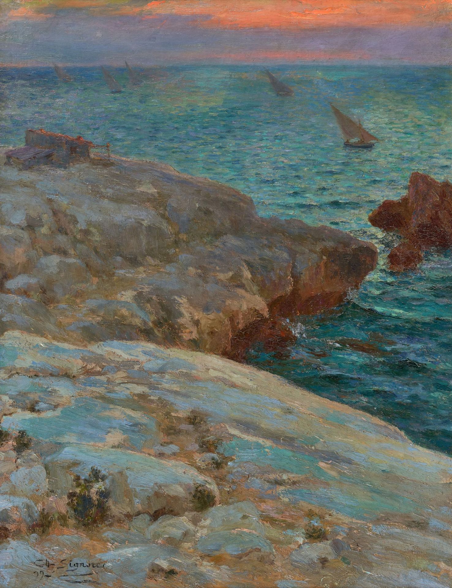 SIGNORET, CHARLES LOUIS EUGÈNE: Felsige Küste bei Antibes in der Abendsonne.