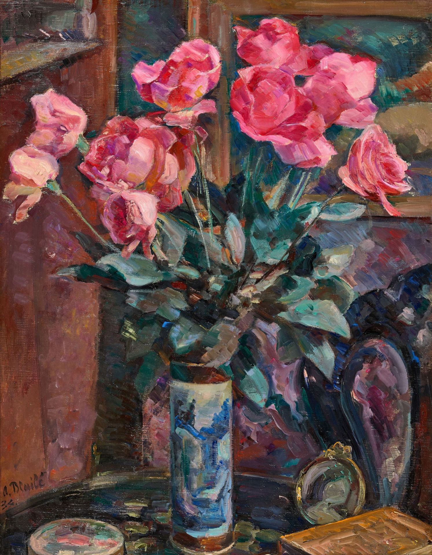 BLAILÉ, ALFRED-HENRI: "Roses au vase de Chine".