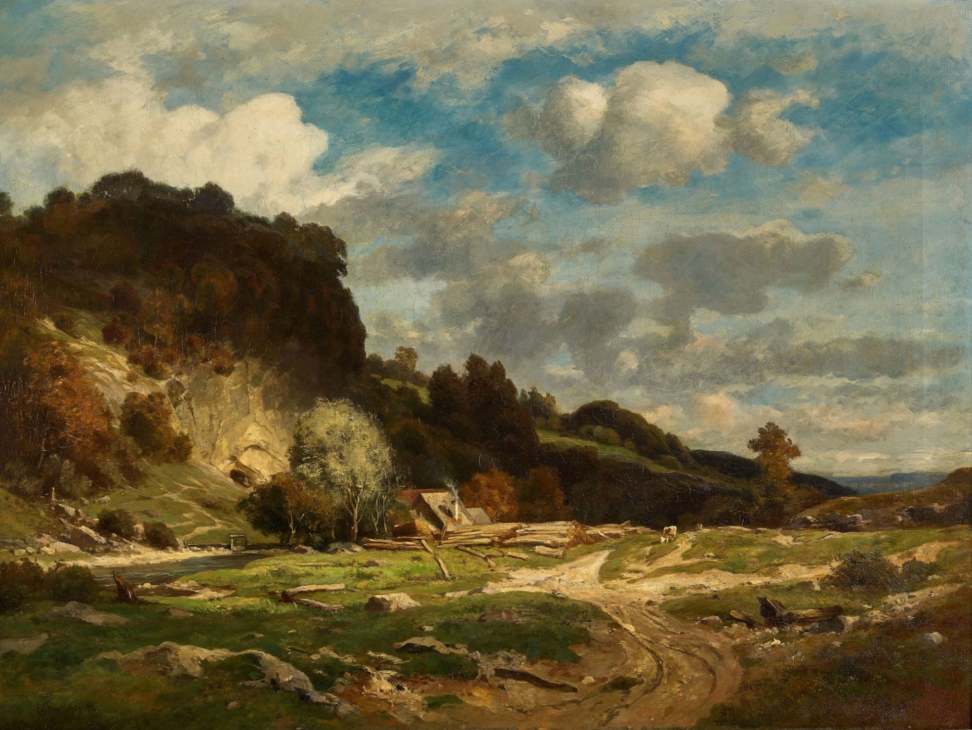 FRÖLICHER, OTTO: Herbstliche Flusslandschaft mit Gehöft.