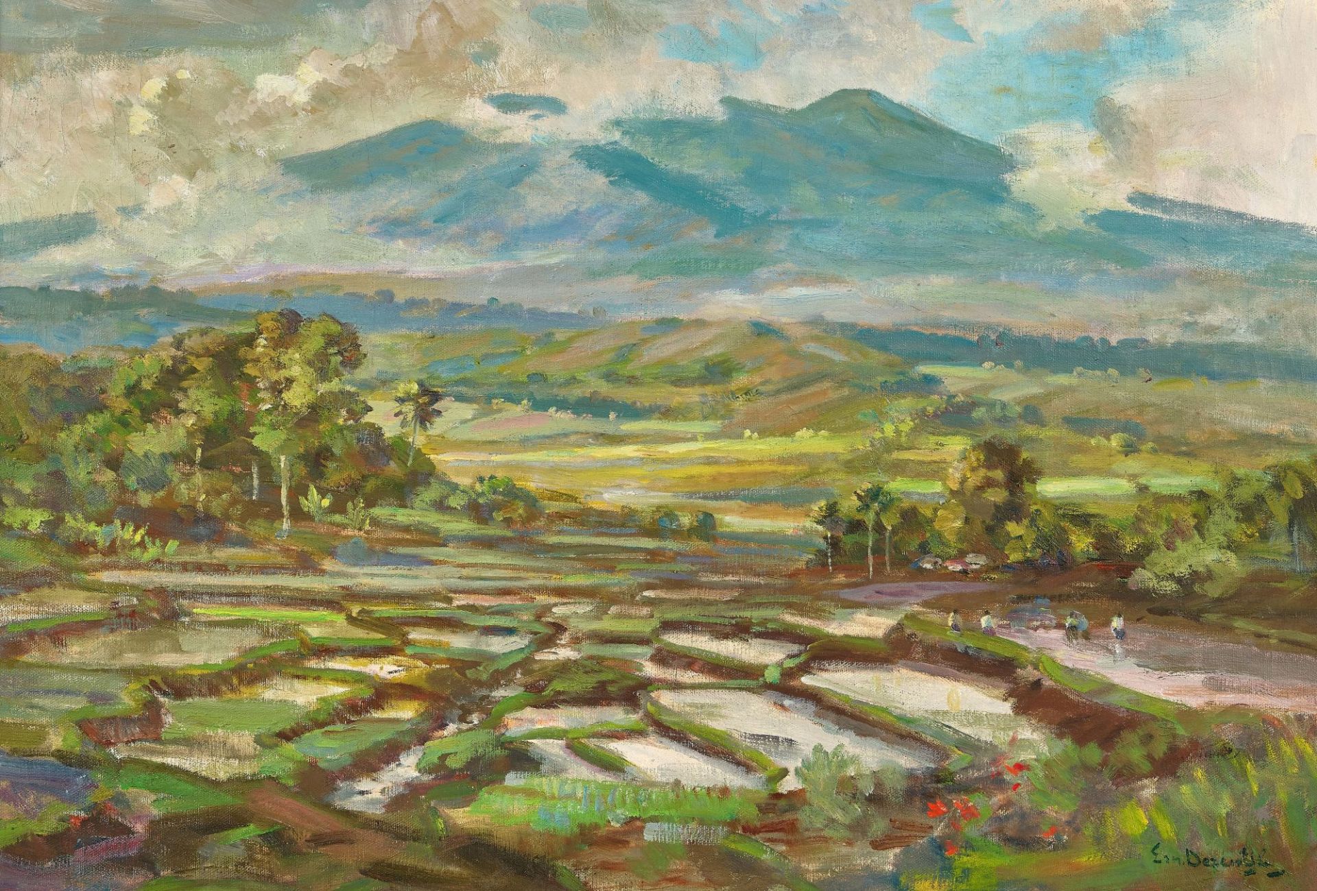 DEZENTHÉ, ERNEST: Indonesische Landschaft mit Reisfeldern.