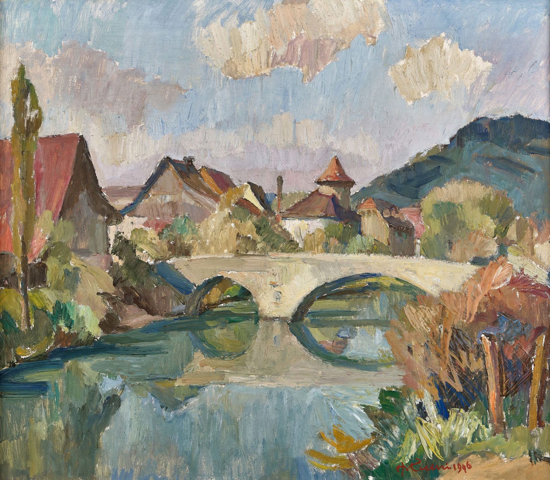 CUENI, AUGUST: Sommerliche Landschaft bei Laufen mit Brücke.