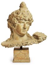 Keramik-Büste im antiken Stil "Antinoos in Gestalt des jungen Bacchus", Frankreich wohl um 1970.
