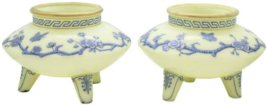 A PAIR CELADON GLASS VASES IN JAPONAISE TASTE Late 19th century, with blue and white enamel prunus