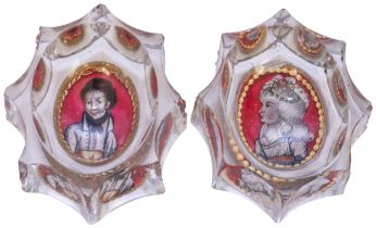 A PAIR OF GEORGIAN OPEN SALTS 18TH CENTURY Each with reverse painted male and female portraits, 8cms